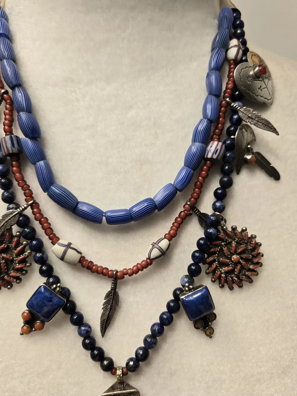 Vintage 925 Tasco Layered Blue & Coral Beaded Cross Necklace - Unbranded
